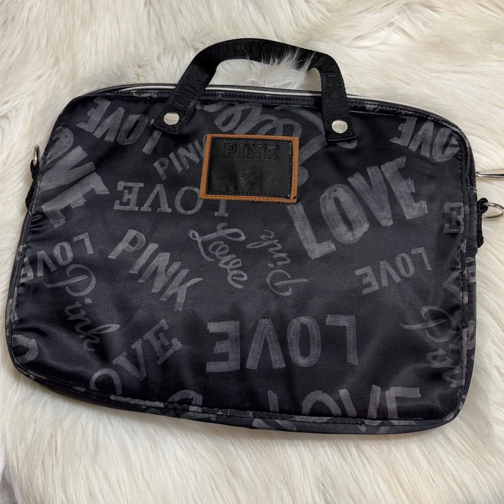 Victoria's Secret PINK laptop bag with a "Love Pink" graffiti pattern